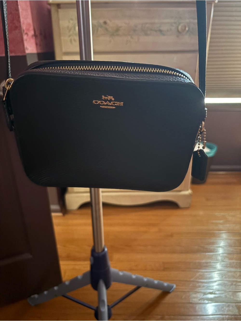 Coach Black Pebble Leather Crossbody Camera Bag with Gold Hardware